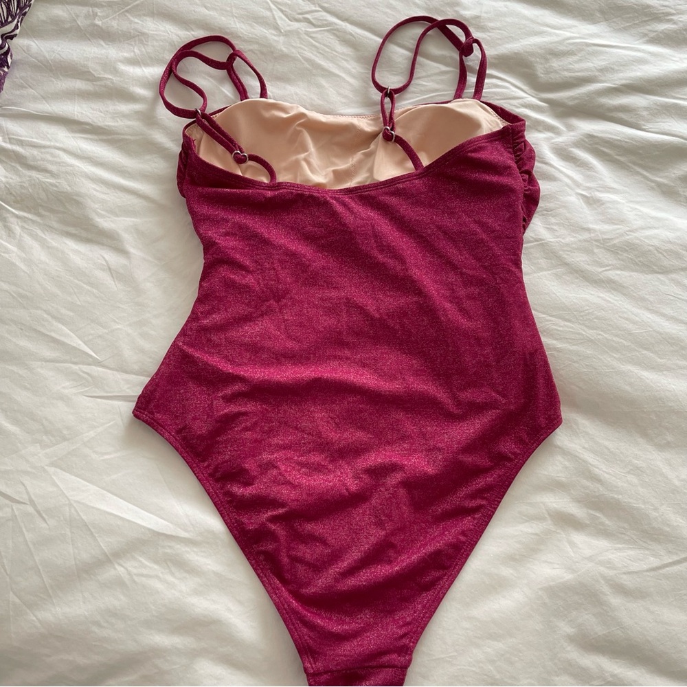 Cupshe Square Neck Ruched Burgundy One Piece Swimsuit, Size M - Picture 4 of 11